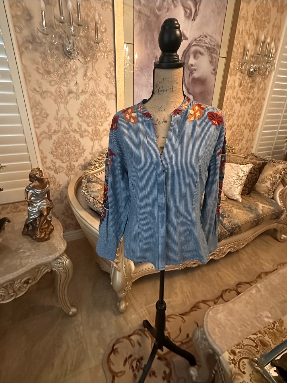 INC International Concepts Blue Striped Button-Down with Floral Embroidery